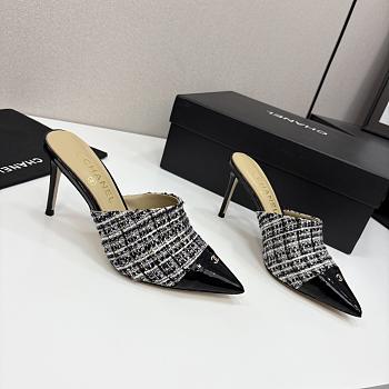 Kitlife Chanel 2025 Classic Pointed High-heeled Splicing Half Slippers Houndstooth & Black