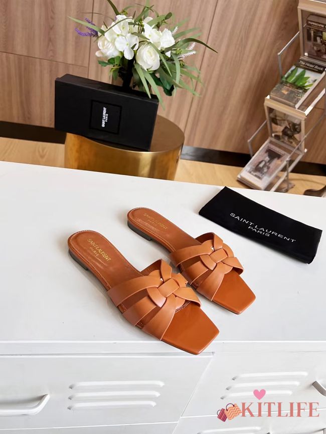 Kitlife Saint Laurent Tribute Sandals In Brown Smooth Leather - 1