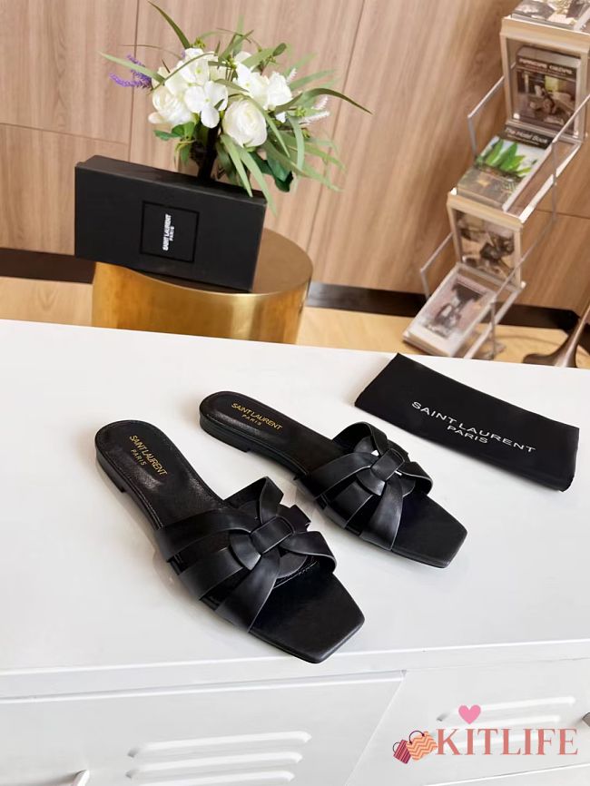 Kitlife Saint Laurent Tribute Sandals In Black Smooth Leather - 1