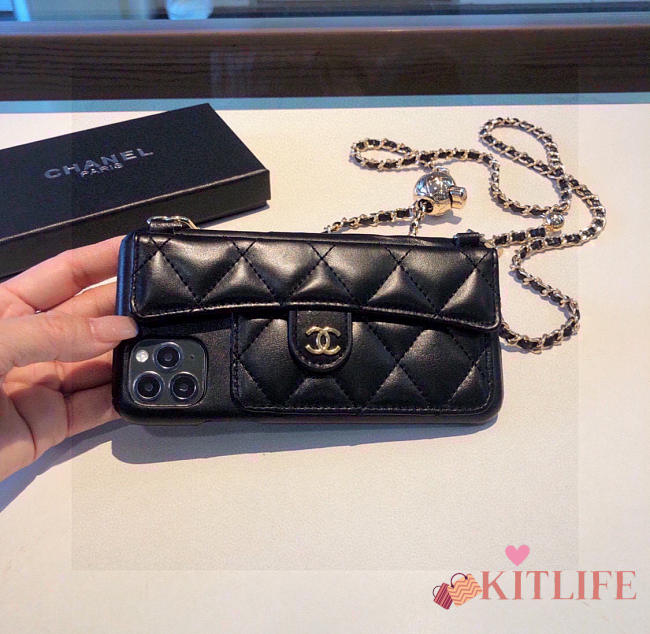 Kitlife Saint Laurent Phone Case Black Lambskin With Chain - 1
