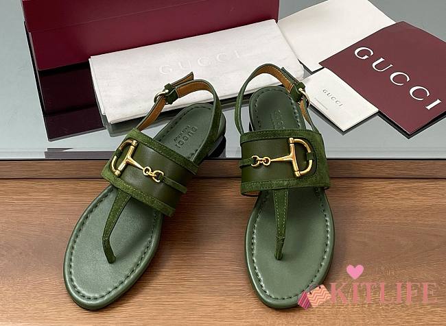 Kitlife Gucci Thong Sandals With Horsebit Green Suede - 1