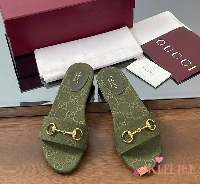 Kitlife Gucci Slide Sandals With Horsebit Green GG Canvas - 1