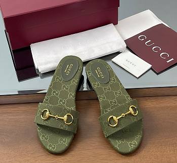Kitlife Gucci Slide Sandals With Horsebit Green GG Canvas