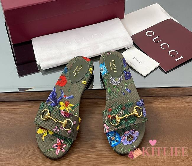 Kitlife Gucci Slides With Horsebit Green And Multicolor Canvas With Floral Print - 1