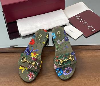 Kitlife Gucci Slides With Horsebit Green And Multicolor Canvas With Floral Print