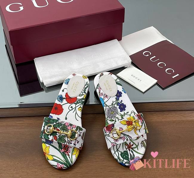 Kitlife Gucci Slides With Horsebit White And Multicolor Canvas With Floral Print - 1