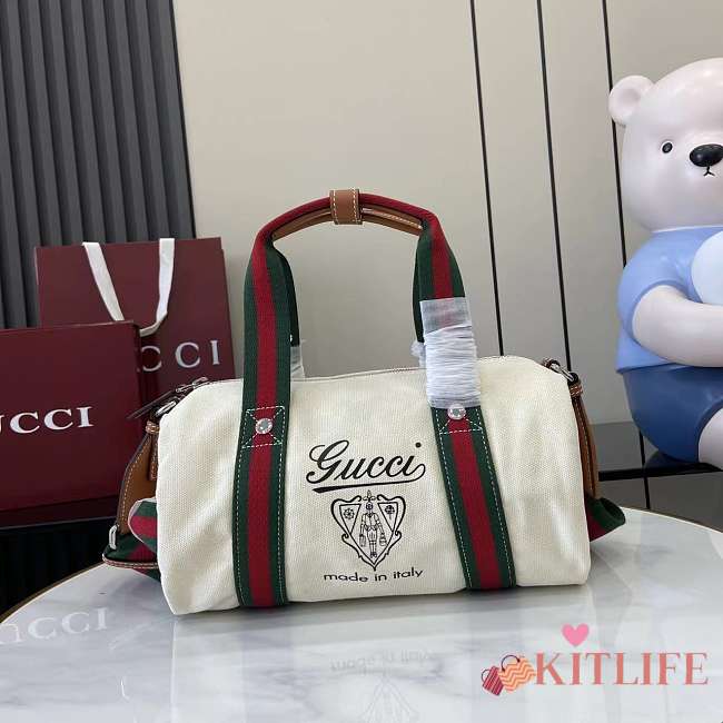 Kitlife Gucci Small Printed Off-White Canvas Duffle Bag 816865 30x16x15cm - 1