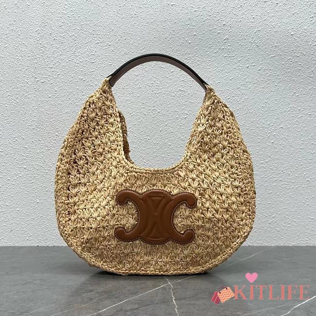 Kitlife Celine Classic Panier Hobo Bag In Raffia and Brown Calfskin 112772 33x16x4cm - 1