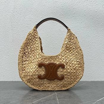 Kitlife Celine Classic Panier Hobo Bag In Raffia and Brown Calfskin 112772 33x16x4cm