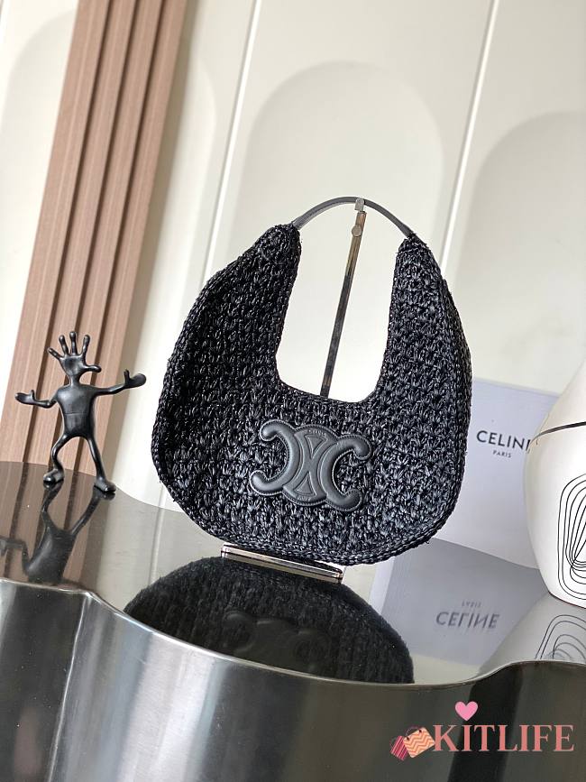 Kitlife Celine Classic Panier Hobo Bag In Black Raffia and Calfskin 112772 33x16x4cm - 1