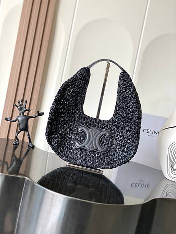 Kitlife Celine Classic Panier Hobo Bag In Black Raffia and Calfskin 112772 33x16x4cm