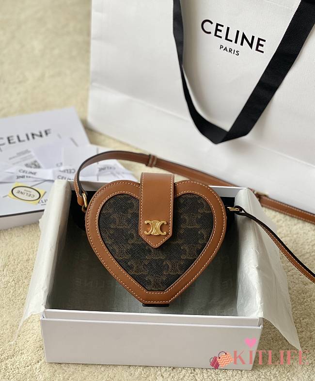 Kitlife Celine Triomphe Heart Tambour Shoulder Bag Tan 198212 15x12x7cm - 1