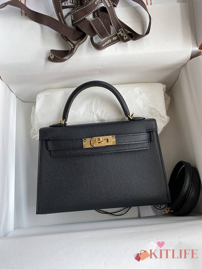 Kitlife Hermes Mini Kelly Chèvre Bag Black Epsom Leather Gold Buckle 19cm - 1