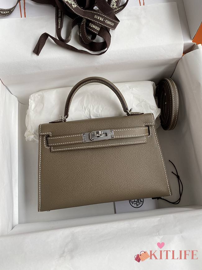 Kitlife Hermes Mini Kelly Chèvre Bag Grey Epsom Leather Silver Buckle 19cm - 1