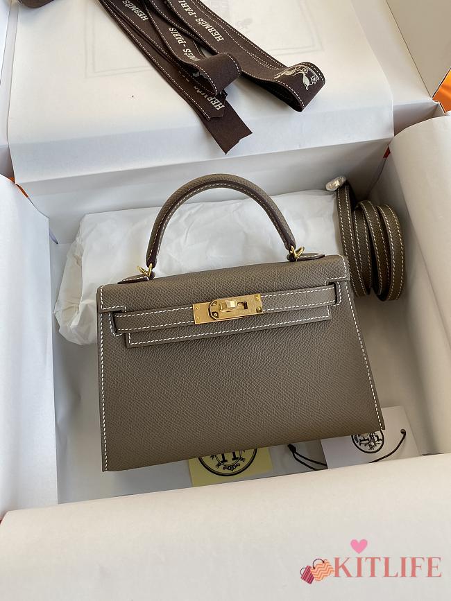 Kitlife Hermes Mini Kelly Chèvre Bag Grey Epsom Leather Gold Buckle 19cm - 1