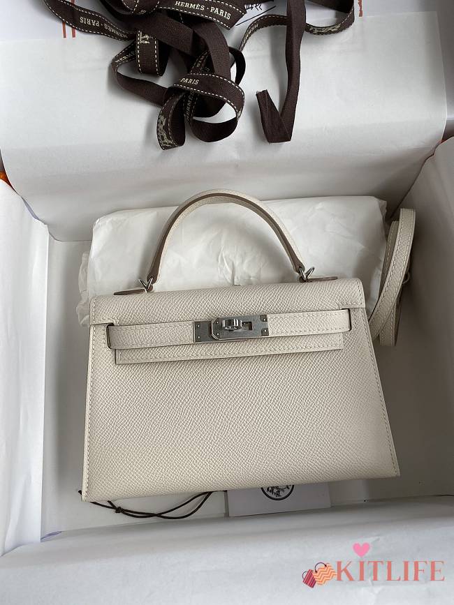 Kitlife Hermes Mini Kelly Chèvre Bag Off-White Epsom Leather Silver Buckle 19cm - 1