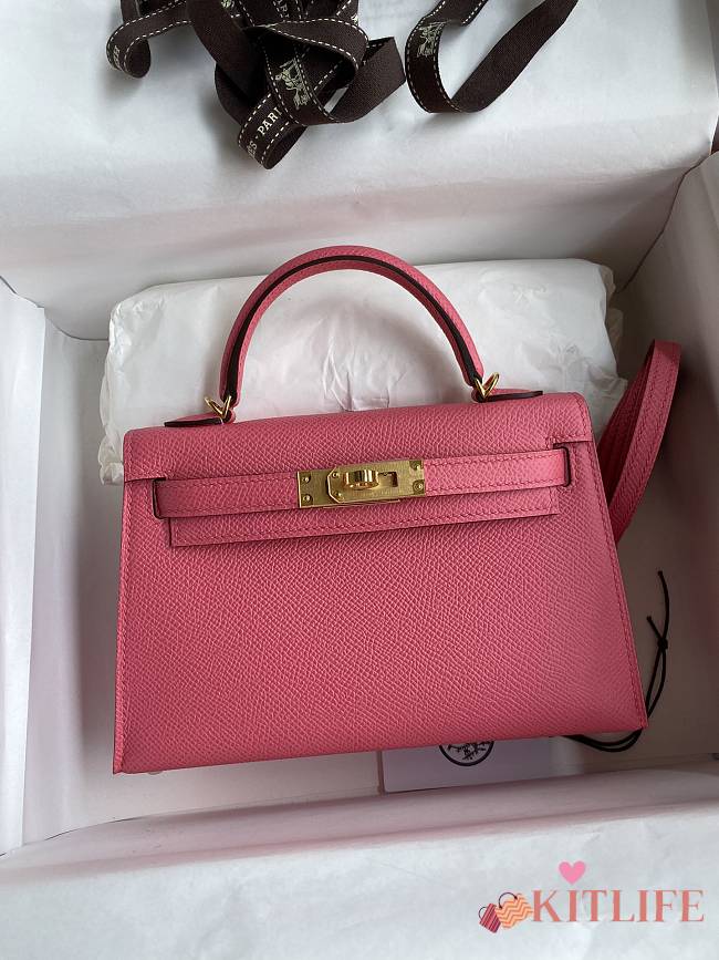 Kitlife Hermes Mini Kelly Chèvre Bag Pink Epsom Leather Gold Buckle 19cm - 1