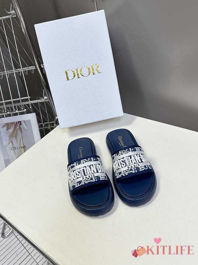 Kitlife Dior Embroidered Logo Monogram Fabric Slippers Dark Blue  - 1