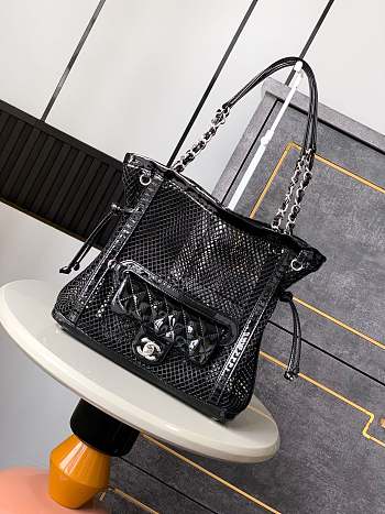 Kitlife Chanel Black Quilted Patent Leather And Mesh La Madrague Tote Bag 26x28x9cm