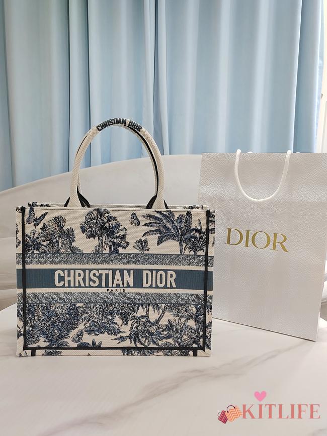 Kitlife Dior White and Blue Palms Jouy Embroidery Medium Book Tote 36x27.5x16.5cm - 1