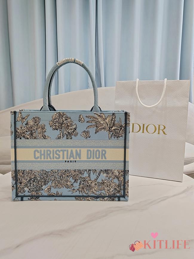 Kitlife Dior Space Blue and White Palms Jouy Embroidery Medium Book Tote 36x27.5x16.5cm - 1