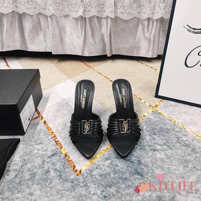 Kitlife Saint Laurent Babylone YSL Ruched Leather Mule Sandals in Black - 1