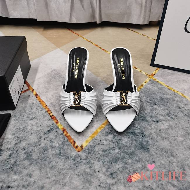 Kitlife Saint Laurent Babylone YSL Ruched Leather Mule Sandals in White - 1