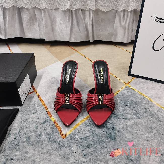 Kitlife Saint Laurent Babylone YSL Ruched Leather Mule Sandals in Red - 1