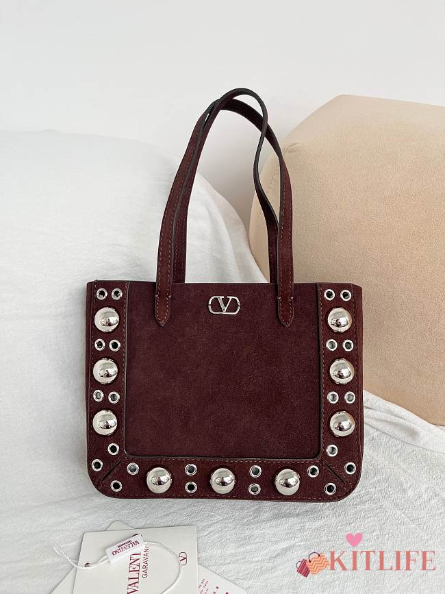 Kitlife Valentino Garavani Nellcôte Mini Suede Shopping Bag Dark Brown 21x16x5cm - 1
