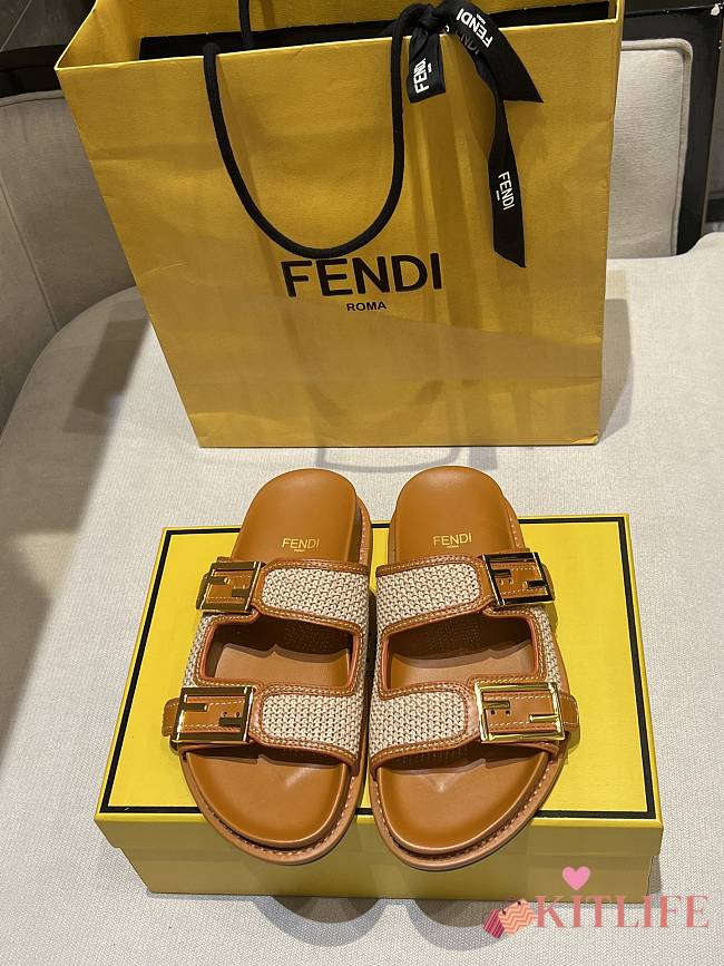 Kitlife Fendi Feel FF Baguette Fabric Sandals Straw & Brown - 1