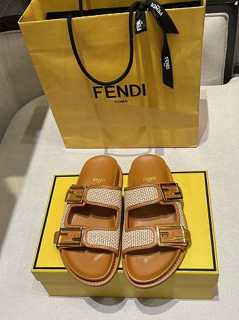 Kitlife Fendi Feel FF Baguette Fabric Sandals Straw & Brown