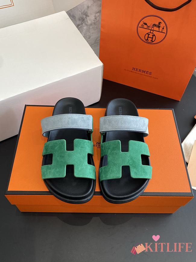 Kitlife Hermes Chypre Sandals Green & Blue Suede Leather - 1