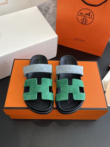 Kitlife Hermes Chypre Sandals Green & Blue Suede Leather