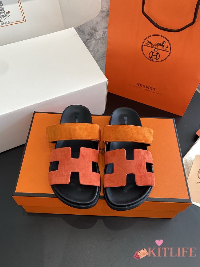 Kitlife Hermes Chypre Sandals Orange & Brown Suede Leather - 1