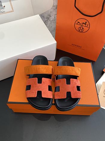 Kitlife Hermes Chypre Sandals Orange & Brown Suede Leather