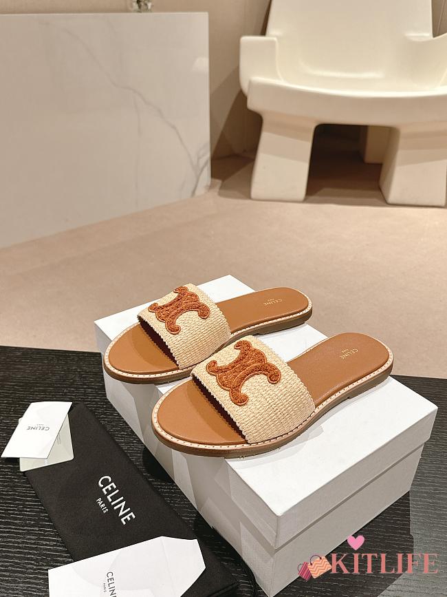 Kitlife Celine Arc de Triomphe Straw Slides Brown Logo - 1