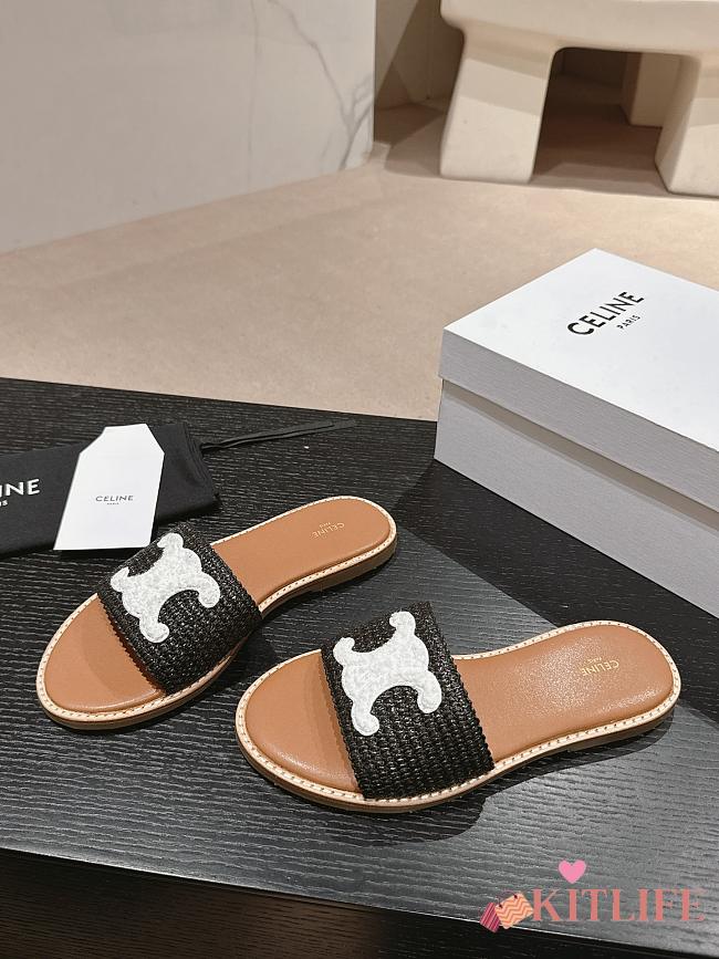 Kitlife Celine Arc de Triomphe Straw Slides Black and White Logo - 1