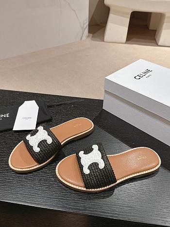 Kitlife Celine Arc de Triomphe Straw Slides Black and White Logo