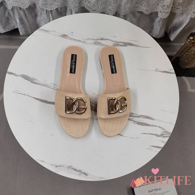 Kitlife Dolce & Gabbana DG-plaque Raffia Slippers Beige - 1