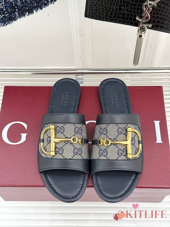 Kitlife Gucci Slide Sandal With Horsebit Dark Blue Leather - 1