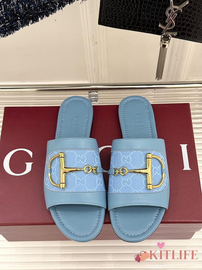 Kitlife Gucci Slide Sandal With Horsebit Blue Leather - 1