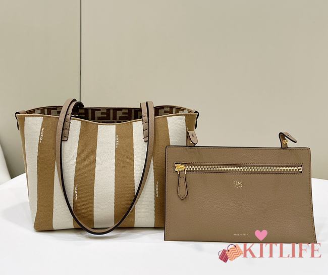 Kitlife Fendi Roll FF Pattern Double-sided Tote Bag Beige & Brown 22x14x18cm - 1