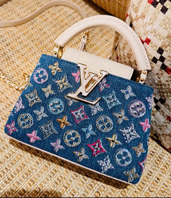 Kitlife Louis Vuitton Capucines Mini Bag Blue Monogram Denim With Beads M12947 21x13.6x8cm