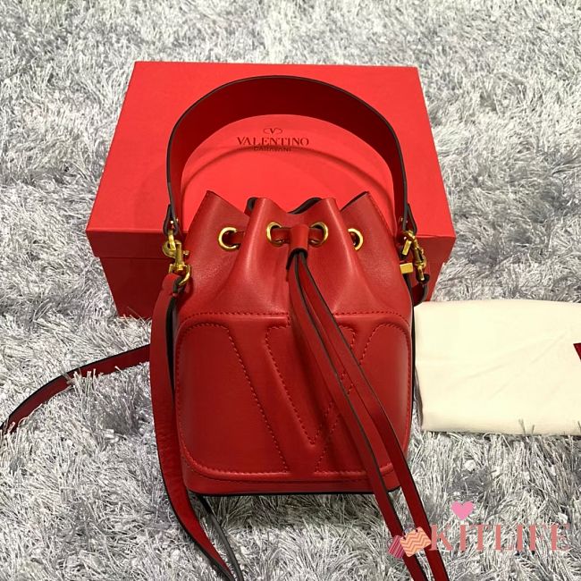 Kitlife Valentino VLogo Signature Walk Red Calfskin Bucket Bag 15x20x10cm - 1