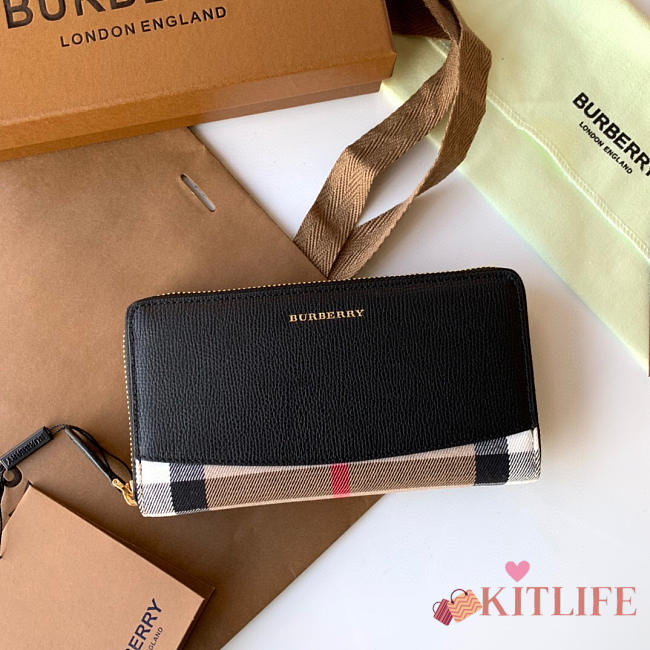 Kitlife Burberry Black Leather and House Check Elmore Zip Around Wallet 19x10x3cm - 1