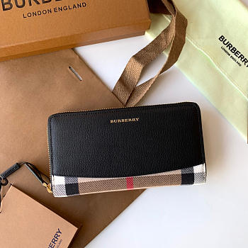 Kitlife Burberry Black Leather and House Check Elmore Zip Around Wallet 19x10x3cm