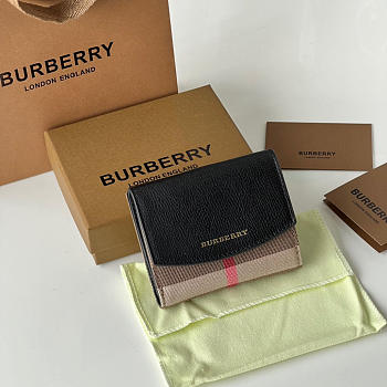 Kitlife Burberry Luna Black Grained Leather House Check Canvas Coin Pouch Snap Wallet 11x9x2.5cm