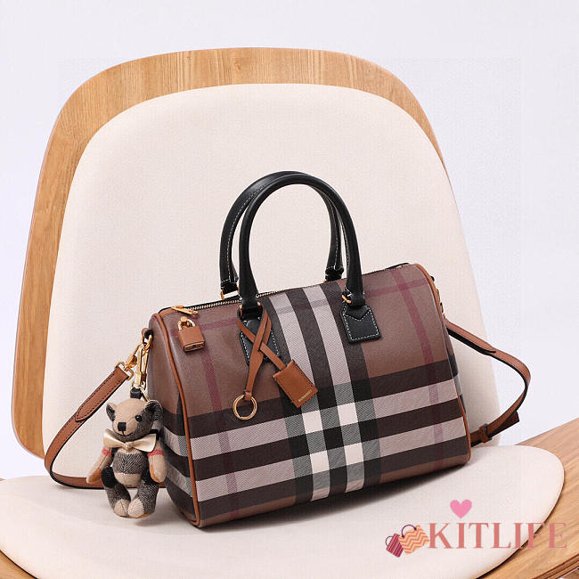 Kitlife Burberry Check Bowling Bag Dark Birch Brown 30x15x21cm  - 1