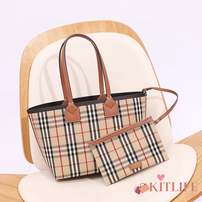 Kitlife Burberry London Check Cotton Tote Bag Briar Wood 35x11x27cm - 1