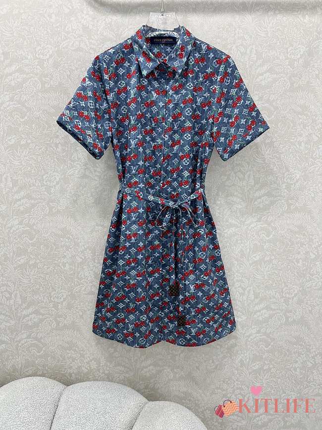 Kitlife Louis Vuitton 25 Cherry Print Belt Dress Blue Denim - 1